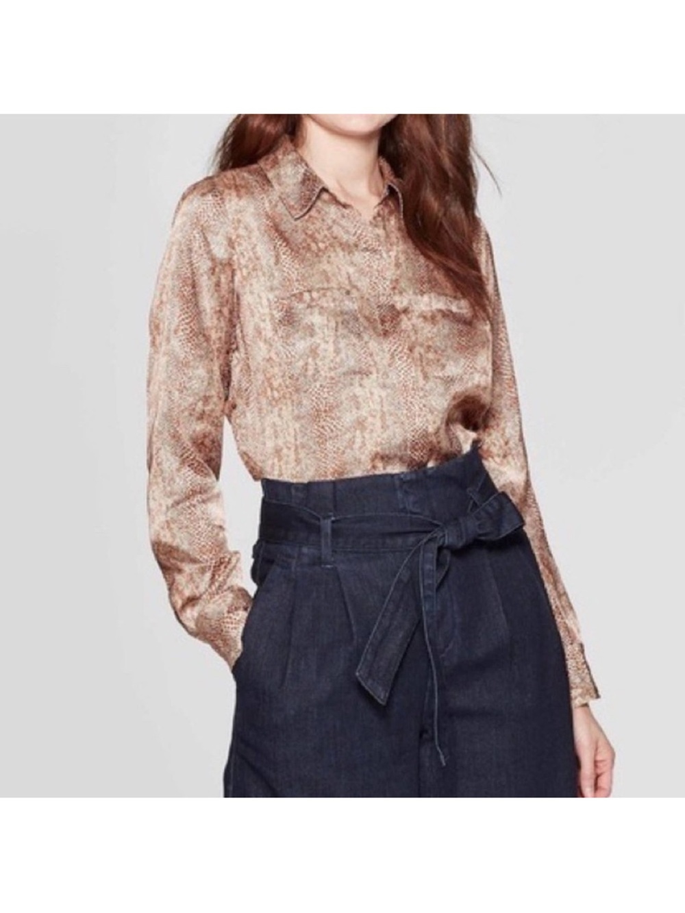 A New Day Satin Animal Print Button Down Blouse Size Medium